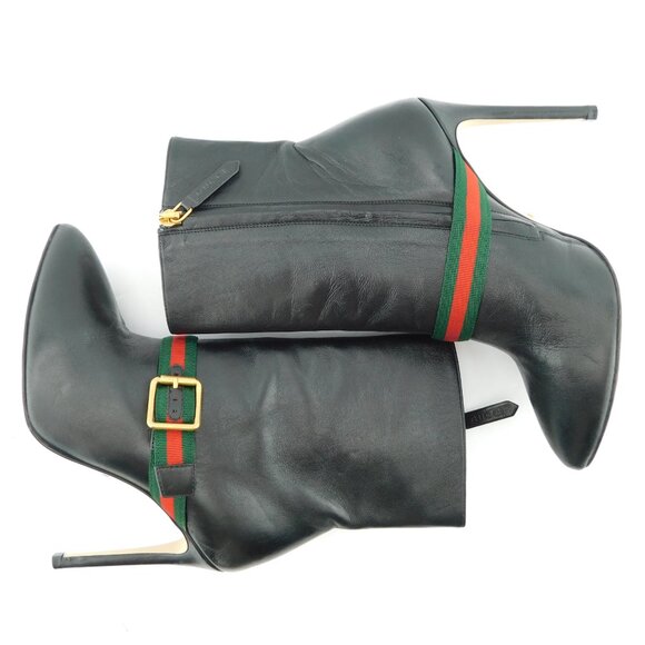 GUCCI Signature Webbed Buckle Black Leather Heeled Ankle Boots 35.5 - Picture 5 of 10